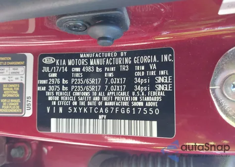 2015 Kia Sorento Lx from USA, damaged, VIN 5XYKTCA67FG617550